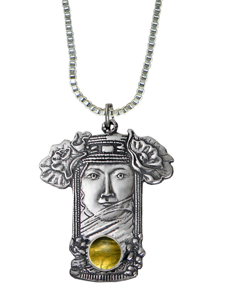Sterling Silver Veiled Woman Maiden Pendant With Citrine